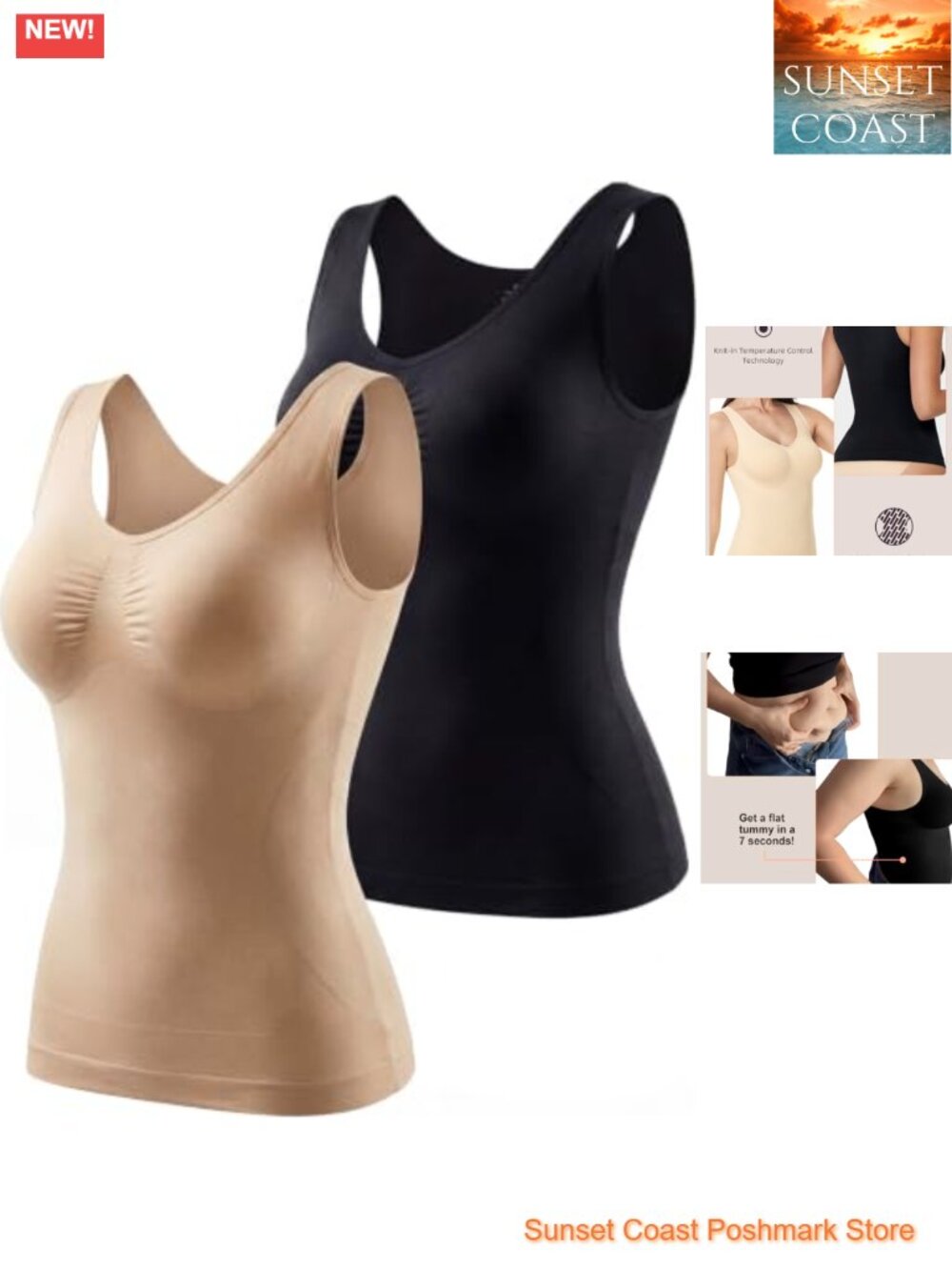 Seamless Tummy Control Shapewear Tank Top V-Neck Wide Strap 2 Pack